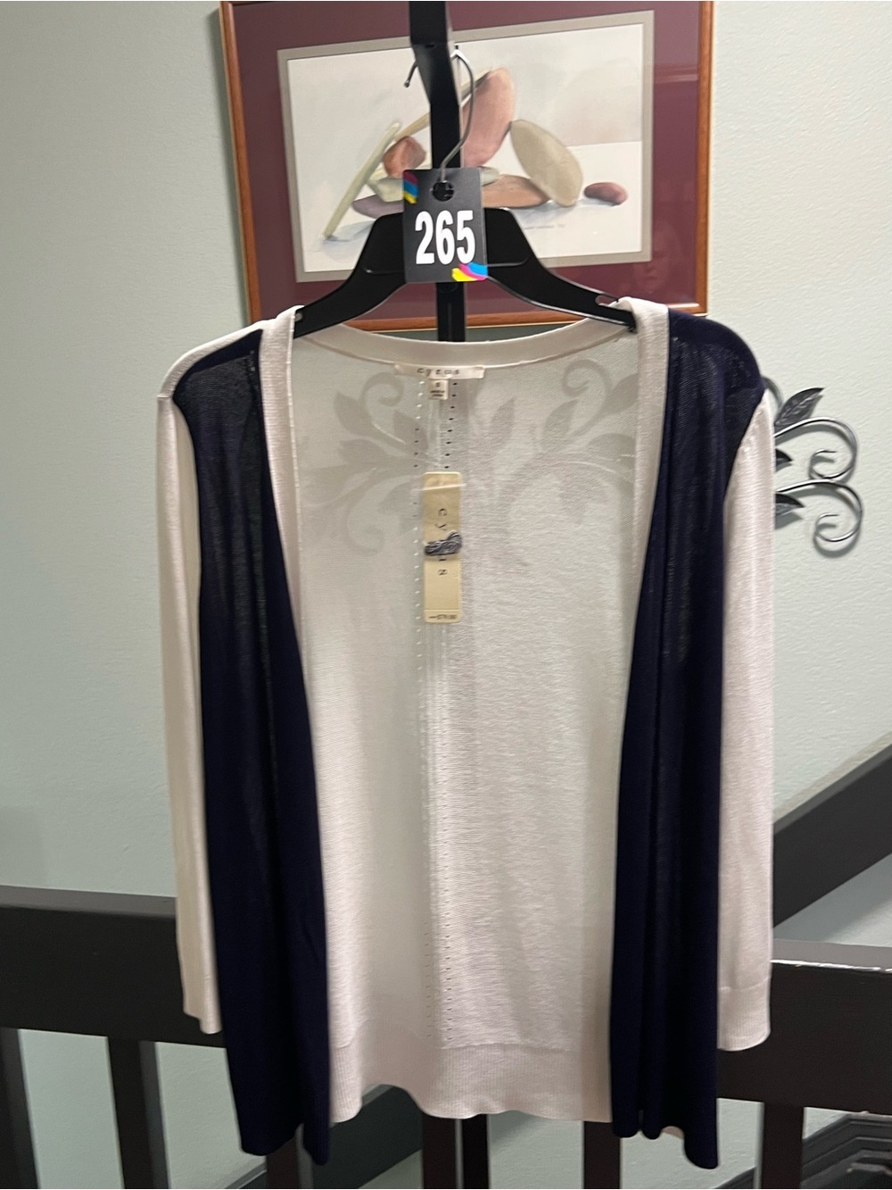 NWT Cyrus White Sheer Knit Cardigan with Navy Trim Size Small #265